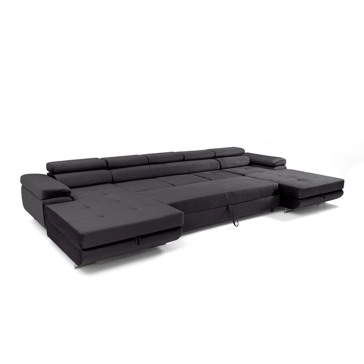 ECKSOFA U-Form ALONZO MAXI U mit Schlaffunktion 125x318 Velours Schwarz - Silberfarben/Schwarz, Holz/Textil (400/90/203cm) - Muffo