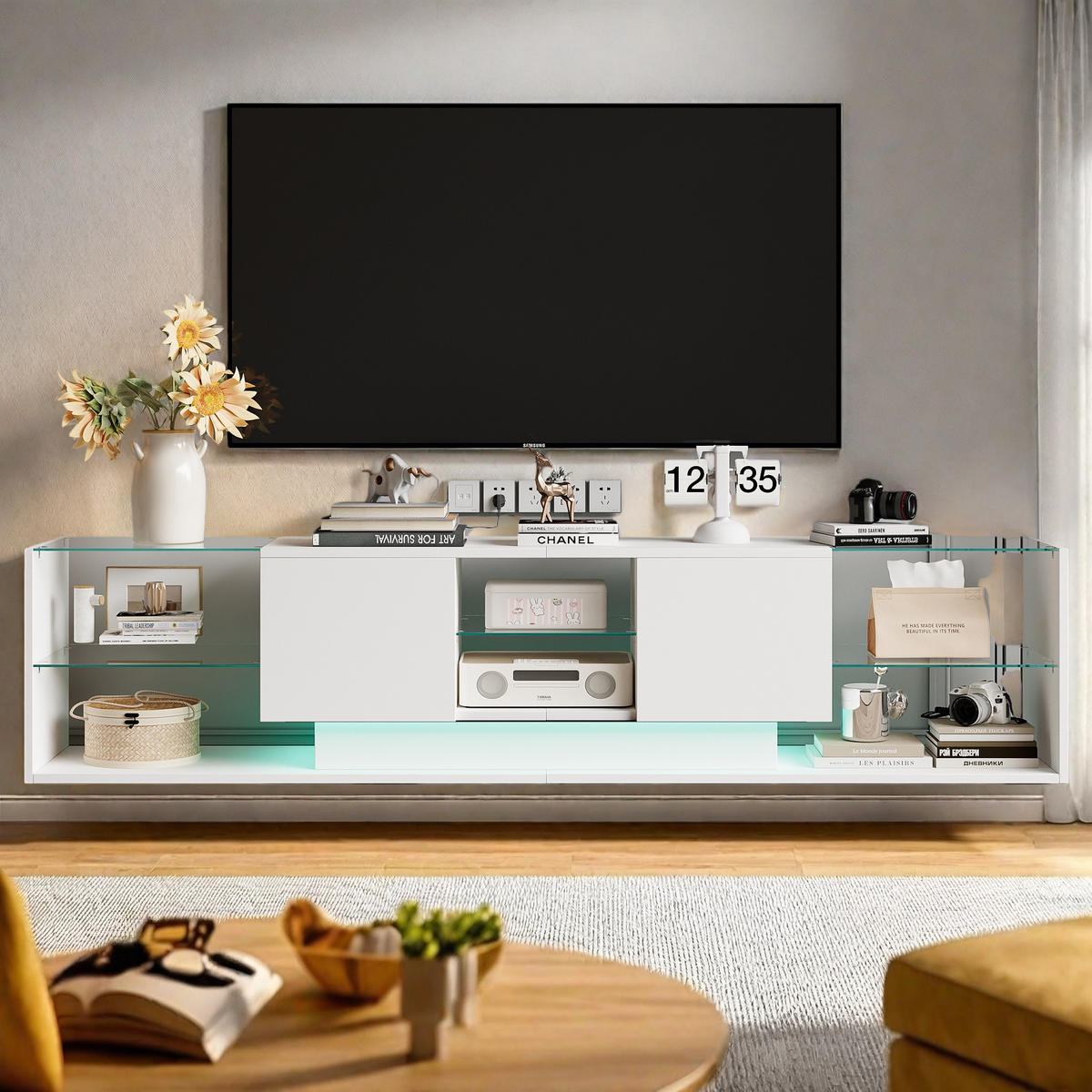 TV-SCHRANK Weiß-Hochglanz mit LED-Licht & Glasfächern - Weiß, Holzwerkstoff (35/45/200cm) - SHOPENTRA