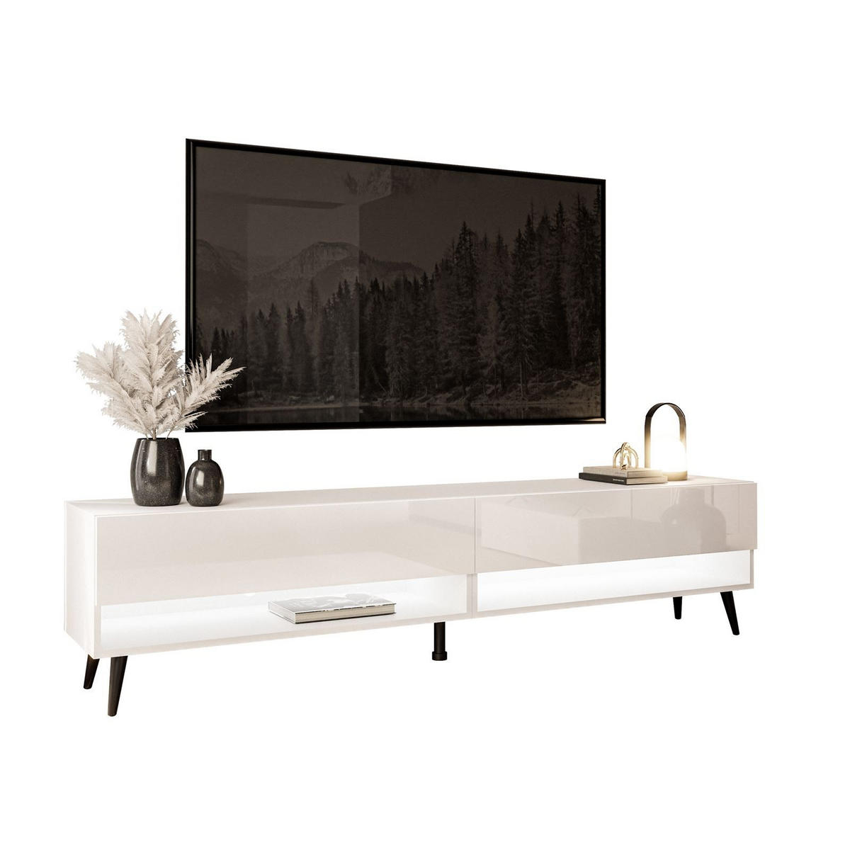 LOWBOARD TV-Schrank CALANTE 180 cm auf schrägen schwarzen Beinen - Weiß Hochglanz/Schwarz, Holzwerkstoff/Metall (180/43/35cm) - Lookway