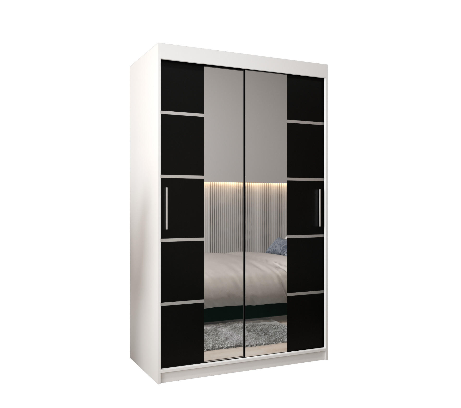 Möbel Kryspol Schwebetürenschrank Weiß, Schwarz, Silber 120x200x62 cm