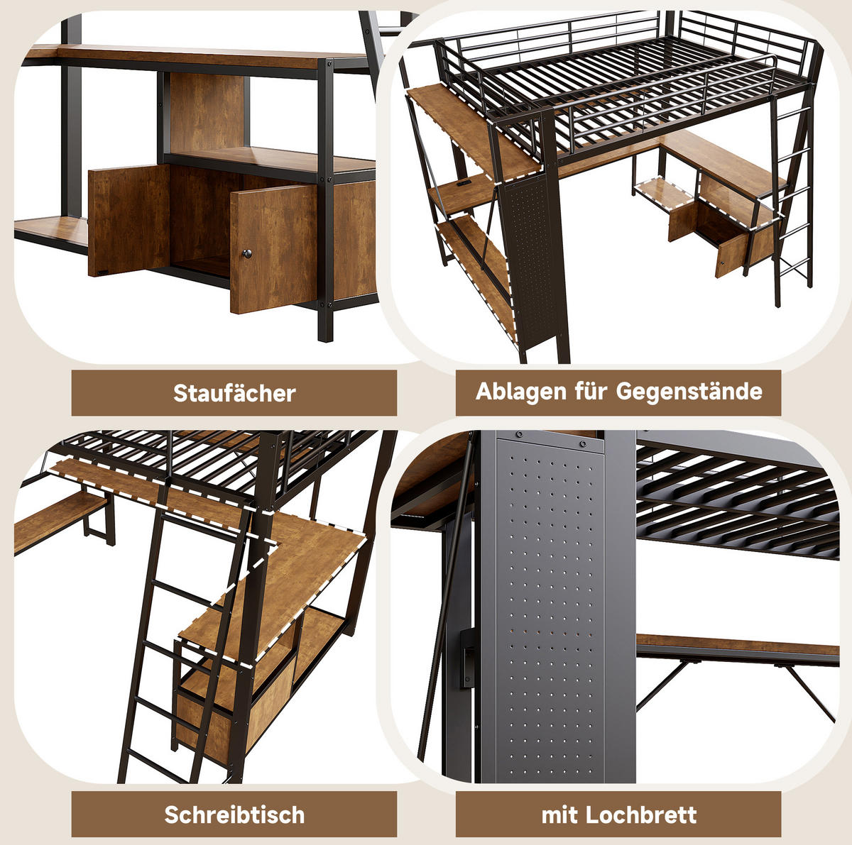 HOCHBETT 140/200 cm Schwarz aus Metall und MDF mit Schreibtisch - Schwarz, Metall (140/200cm) - OKMYHOME