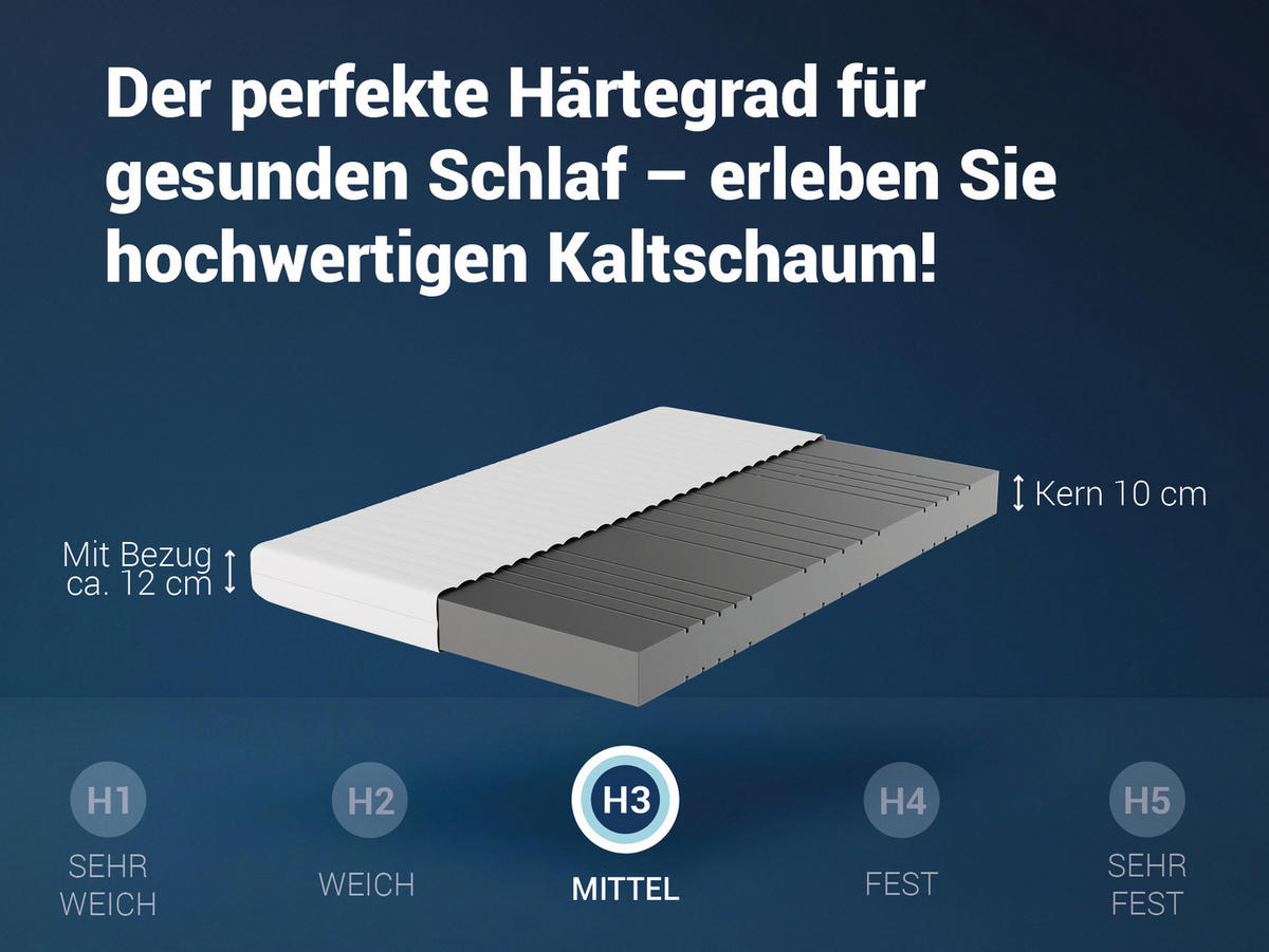 KALTSCHAUMMATRATZE KSP-500, 7 Zonen, Größe: 160x200, Härtegrad: H3 - Höhe 12cm - Weiß, Textil (160/200cm) - Betten-ABC