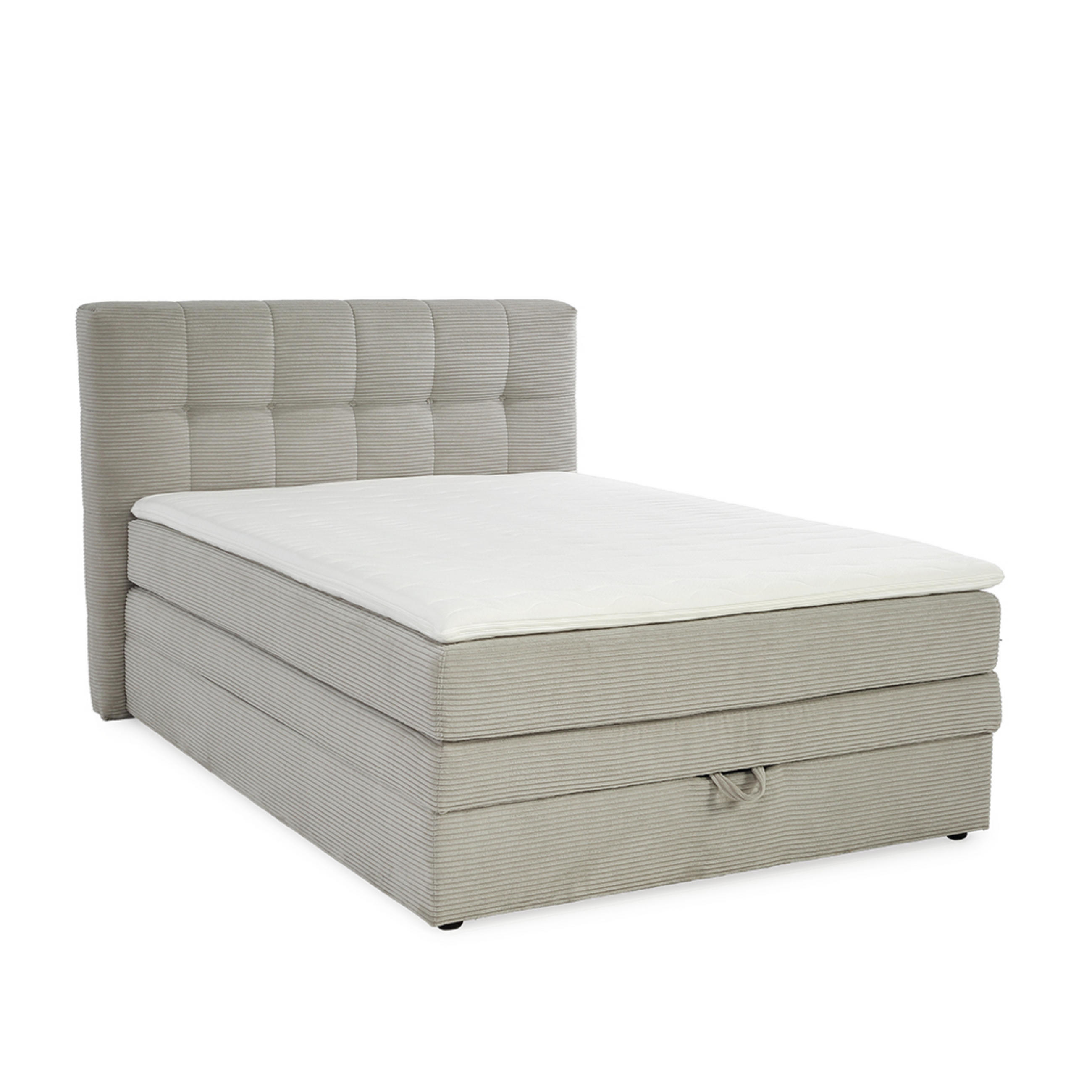 luma-home POSTEL s boxspringem 140 × 200 cm, 7zónová matrace s kapesními pružinami typu „tonneau“ H3, topper, manšestr béžovo-šedý / 20036