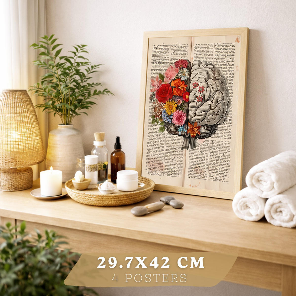 POSTER Set aus 4 Vintage Anatomie Drucke und Wandbilder mit Herz Schädel Skelett und Gehirn Collage Stil Wanddekoration Größe Rahmenlos A4 - Klar, Papier (21/29.7/3cm) - Nacnic