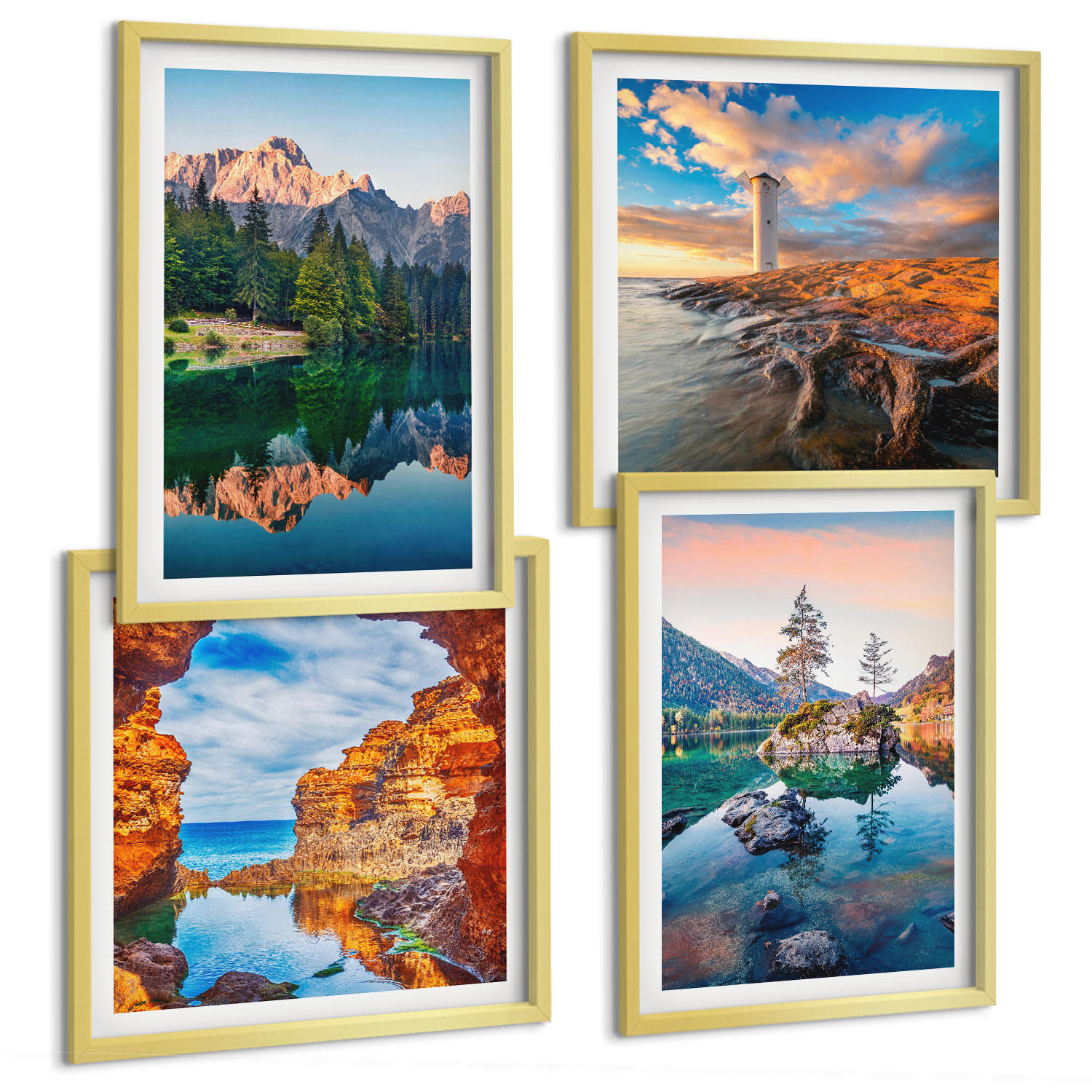 BILDER SET 4er Set - 50x50 cm & 40x60 cm Goldrahmen - Spiegelung der Felsen in Bergseen - Goldfarben, Kunststoff (50/50cm) - TULUP