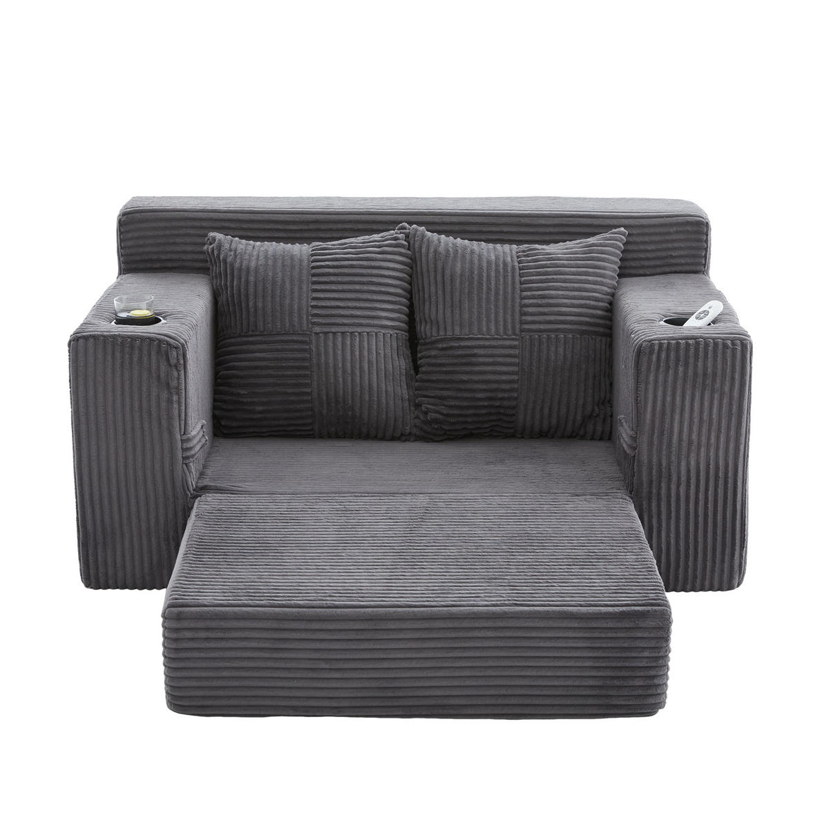 SCHLAFSOFA 2-in-1 mit Hocker, 2 Kissen und Becherhalter, DE-42913, Grau - Grau, Textil (133/64/87cm) - ComfortXL