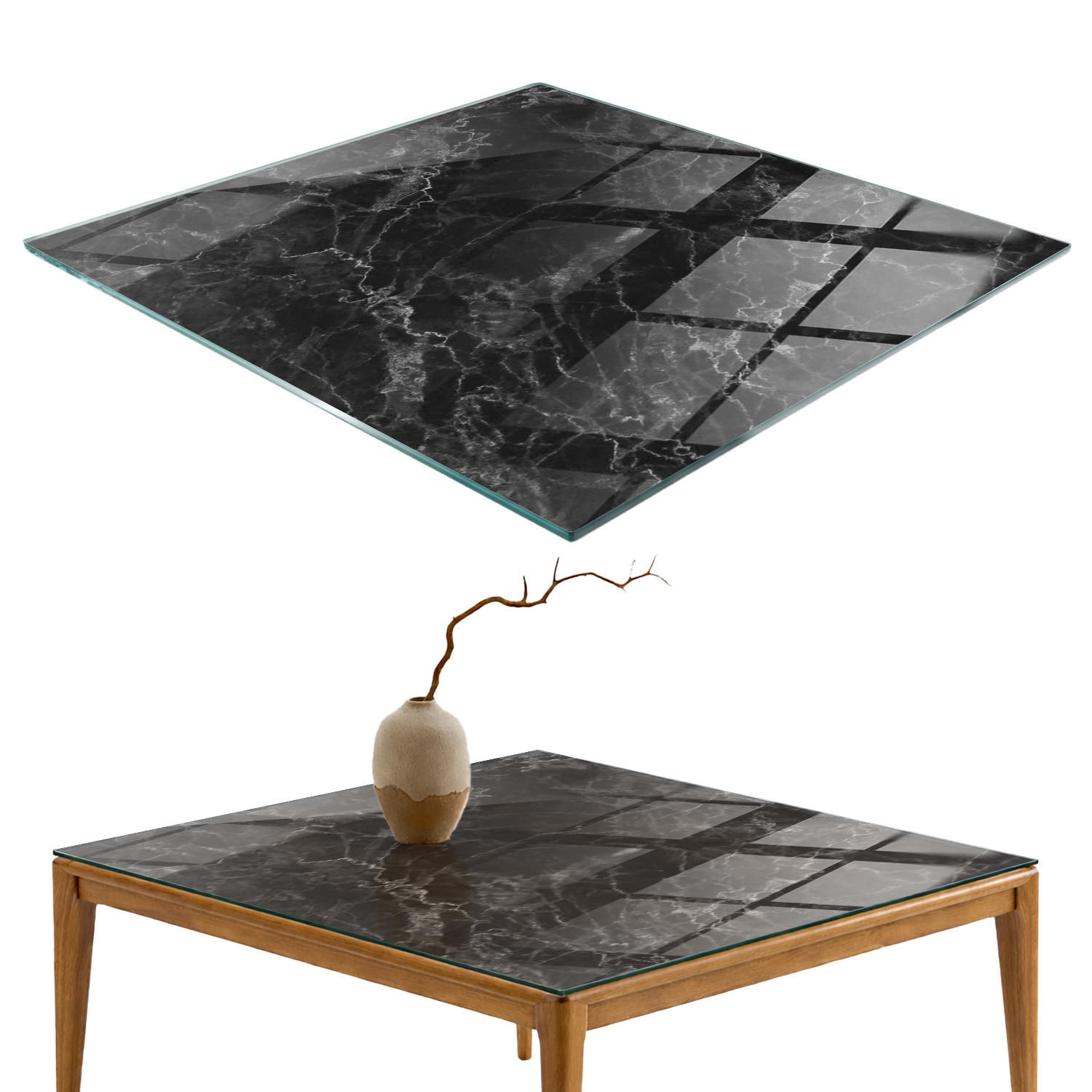 TISCHPLATTE 60x60 cm Marmormuster mit Adern - Schwarz, Glas (0.4/60/60cm) - TULUP