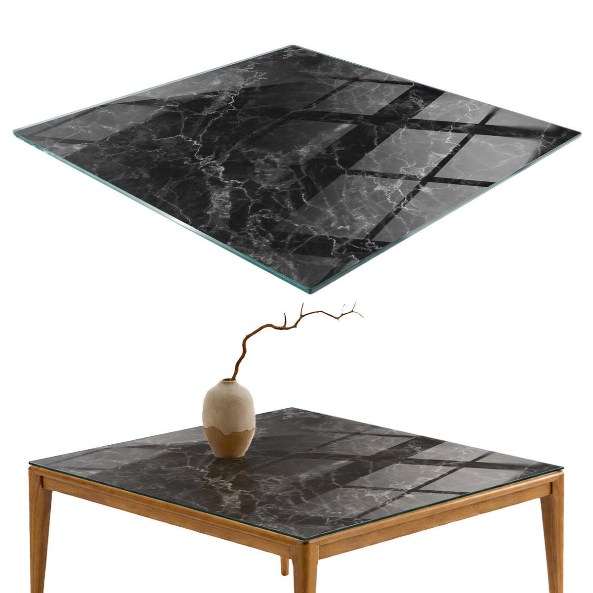 TISCHPLATTE 60x60 cm Marmormuster mit Adern - Schwarz, Glas (0.4/60/60cm) - TULUP