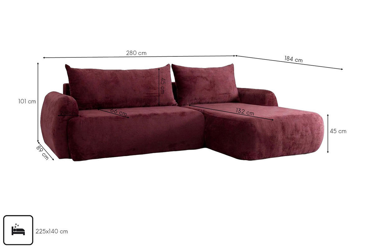 ECKSOFA Mit Schlaffunktion Und Bettkasten, Chenille-Stoff Perfecto, Rotwein, Rechts, HELA II - Weinrot, Holz (280/184cm) - Kaiser Möbel