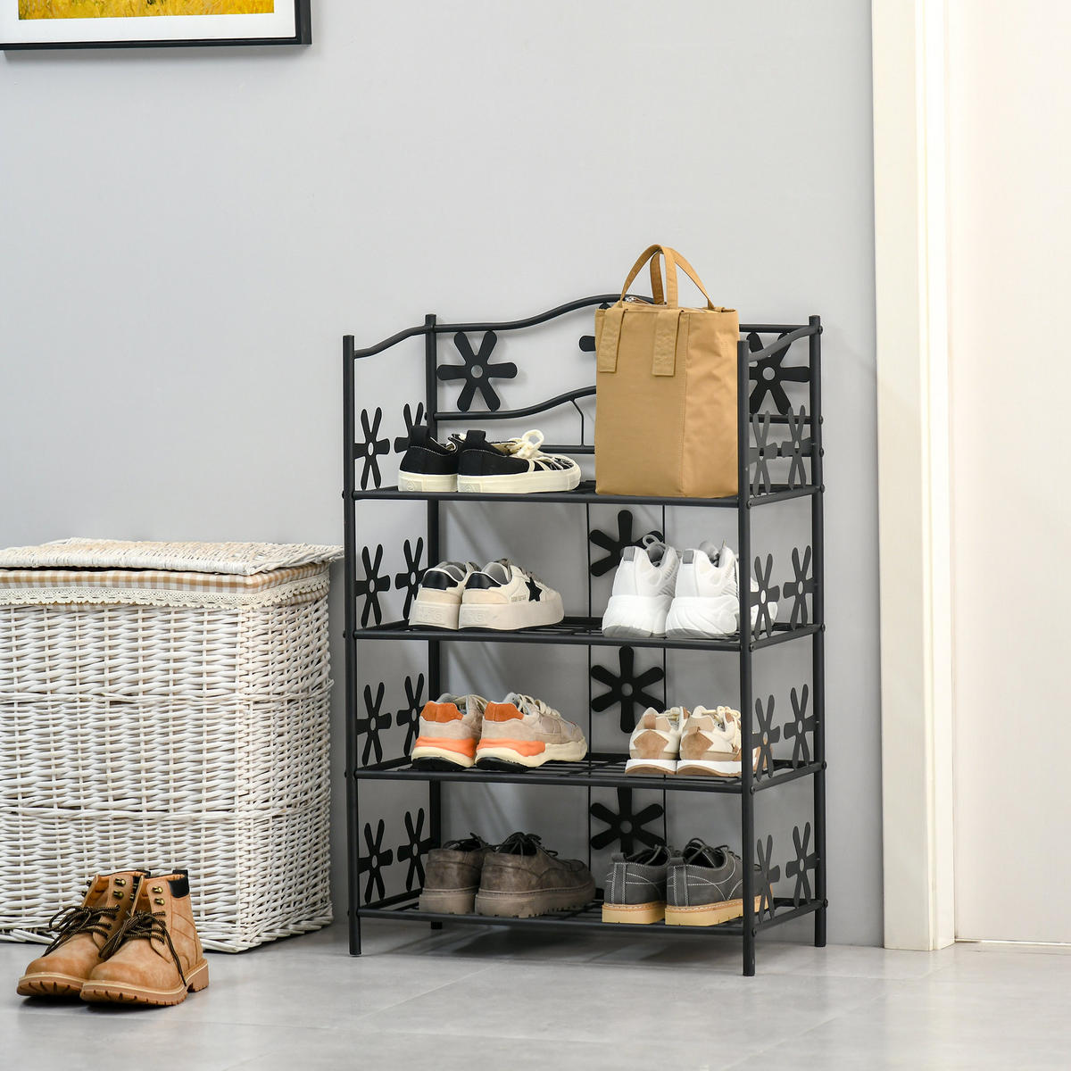 SCHUHREGAL, 4 Etagen, Metall, Schwarz, 59,5 x 30 x 92 cm - Schwarz, Metall (30/92/595cm) - HOMCOM