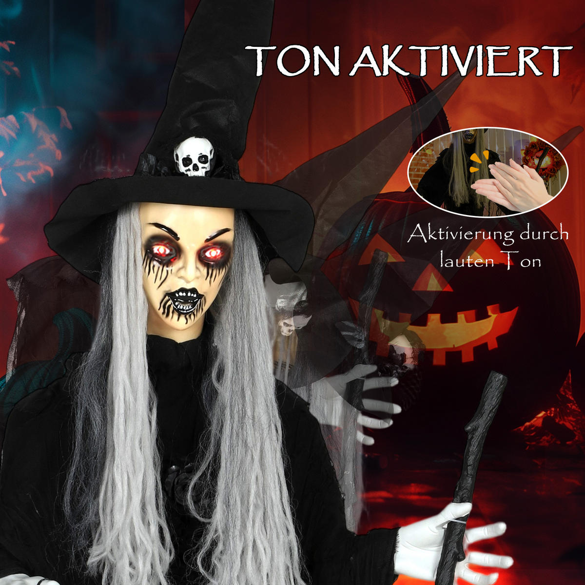 HALLOWEEN-DEKORATION Hexe 170 cm mit LED-Lichter, Soundfunktion - Schwarz, Textil (30/170/60cm) - Outsunny