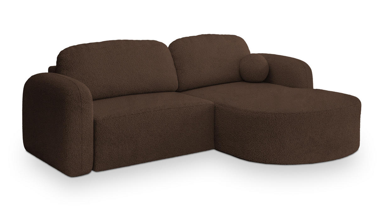 ECKSOFA AMILIA R-S Braun Boucle-Stoff mit Schlaffunktion - Braun, Holz (263/174cm) - MASSENO