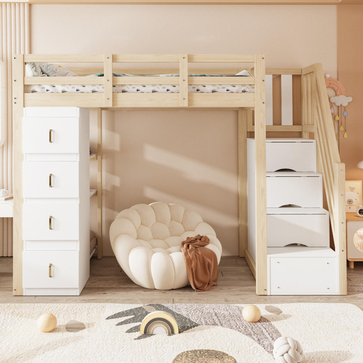 HOCHBETT 90/200 cm in Naturholz mit 4 Schubladen, Regal und Sicherheitsleiter - Weiß/Naturfarben, Holz/Holzwerkstoff (90/200cm) - WISHDOR