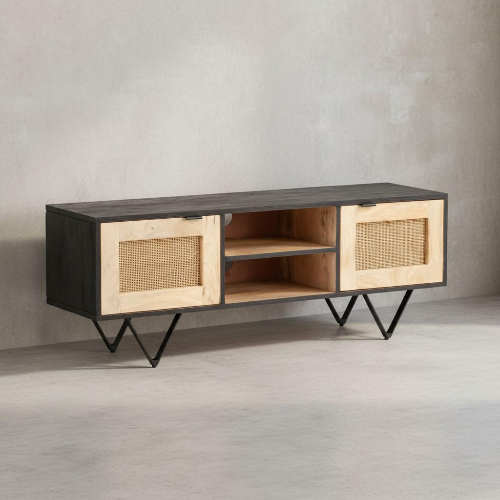 LOWBOARD Mango Massivholz Rattan Modern Stil 120x44x35 cm mit zwei Türen und Kabeldurchlass - Schwarz, Holz/Metall (120/44/35cm) - KADIMA DESIGN