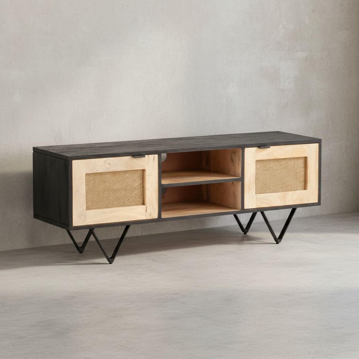 LOWBOARD Mango Massivholz Rattan Modern Stil 120x44x35 cm mit zwei Türen und Kabeldurchlass - Schwarz, Holz/Metall (120/44/35cm) - KADIMA DESIGN