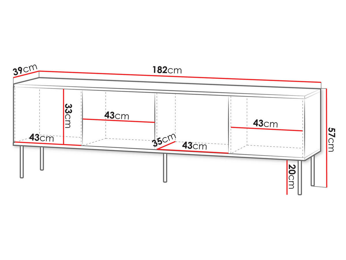 TV-LOWBOARD 180 4D Notte 07 - Nussbaumfarben/Schwarz, Holzwerkstoff/Metall (182/57/39cm) - MIRJAN24