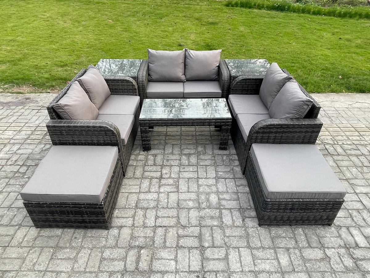 GARTENSOFA SET mit rechteckigem COUCHTISCH Polyrattan 8-Sitzer Dunkelgrau - Dunkelgrau/Grau, Glas/Kunststoff - Fimous