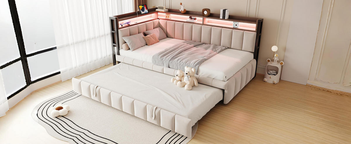 POLSTERBETT 90x200 cm LED USB beige - Beige, Textil (90/200cm) - Fortuna Lai