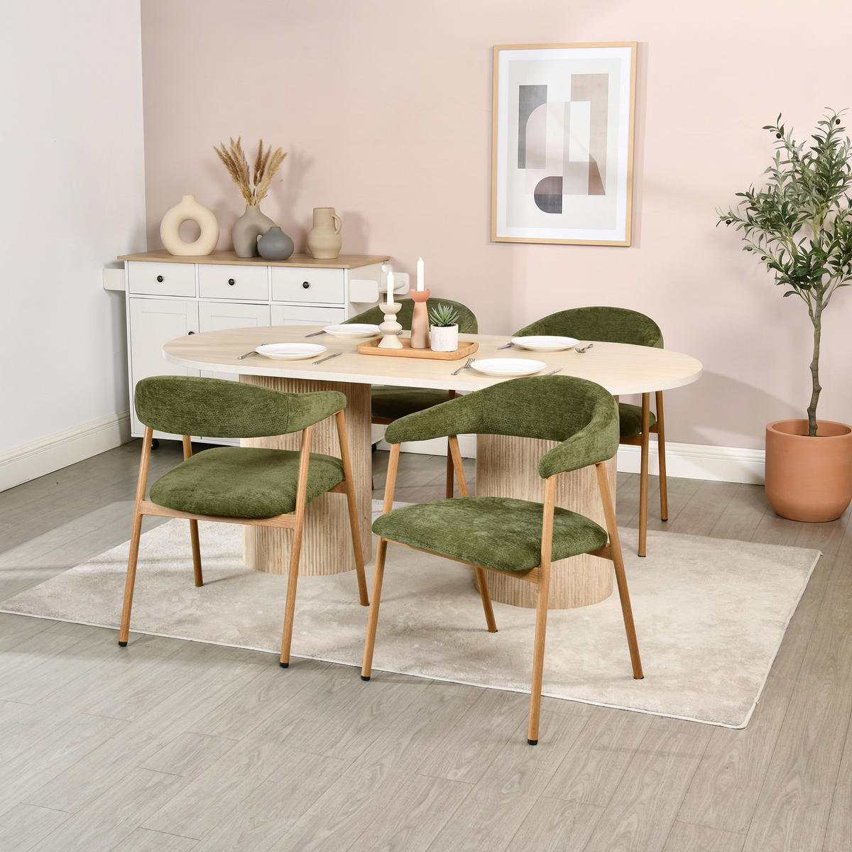 ESSZIMMERSTÜHLE 4er-Set, gepolstert, Chenille, Metallbeine in Holzoptik, Grün - Grün, Textil (61/80.5/59cm) - Meubles Cosy