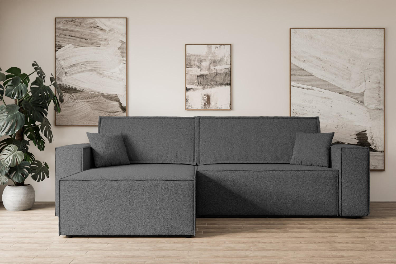 ECKSOFA mit Schlaffunktion und Bettkasten CELTIC-XL - 277x143x83 cm Grau Bouclé - Schwarz/Grau, Holzwerkstoff/Kunststoff (277/143cm) - ALTDECOR