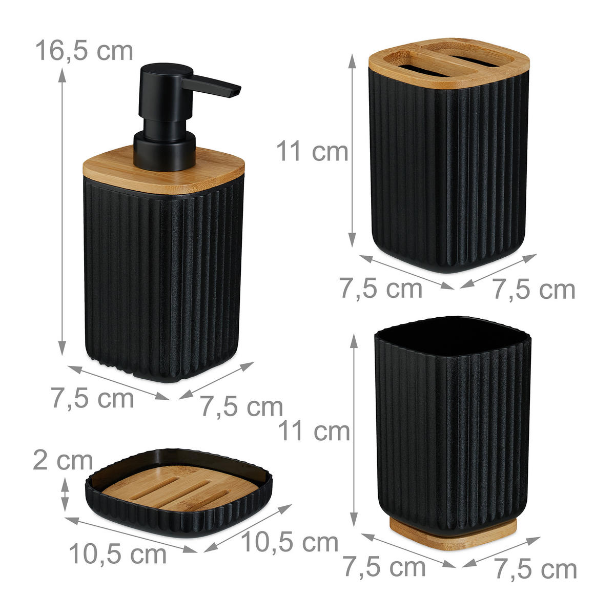 BADEZIMMER-SET 6-tlg. - Schwarz, Holz/Kunststoff (18/27/18cm) - Relaxdays