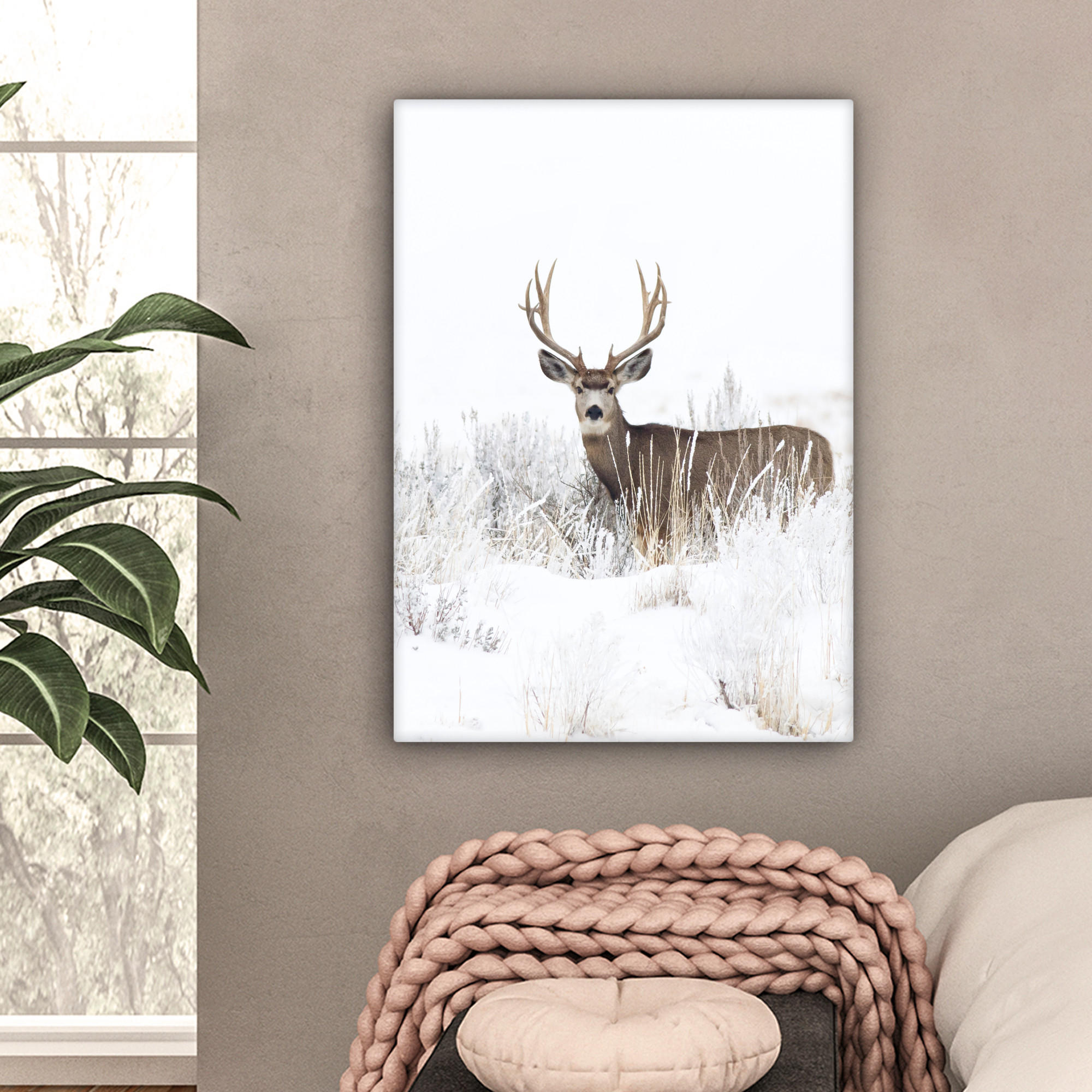 LEINWANDBILD Hirsche - Winter - Schnee - Tiere - Jahreszeiten - Weiß 60x80 cm - Hellbraun, Textil (60/80cm) - MuchoWow