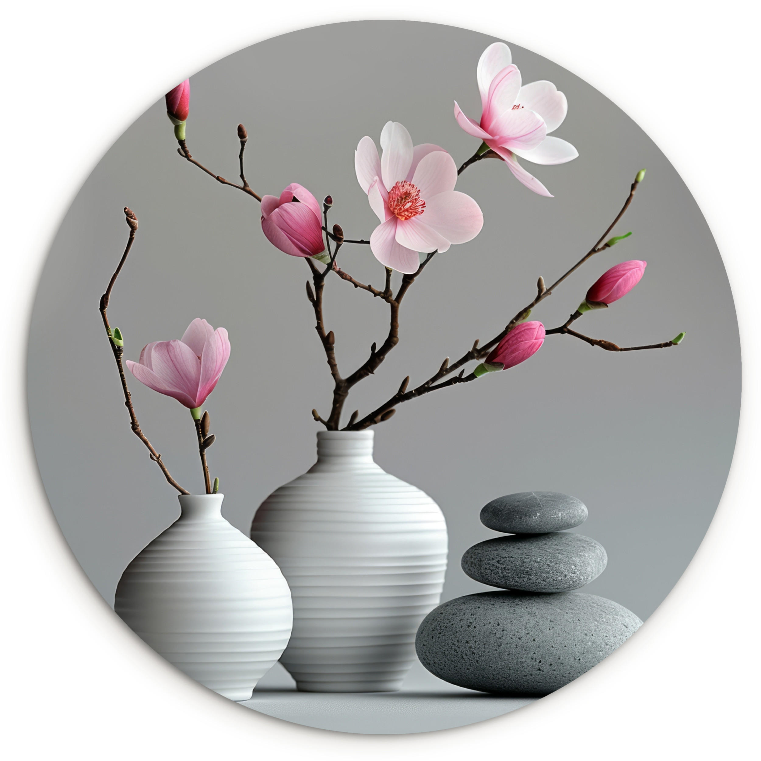 WANDBILD Magnolie - Blumen - Rosa - Zen-Steine 90x90 cm - Hellgrau, Kunststoff (90/90cm) - MuchoWow