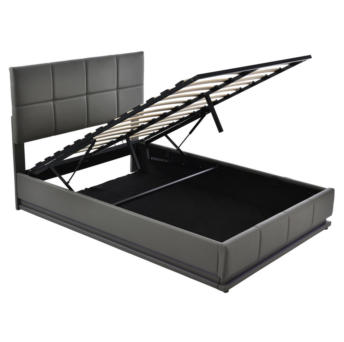 POLSTERBETT 140/200 cm mit LED-Beleuchtung, hydraulischem Bettkasten und Kunstlederbezug, Grau - Grau, Textil (140/200cm) - Redom