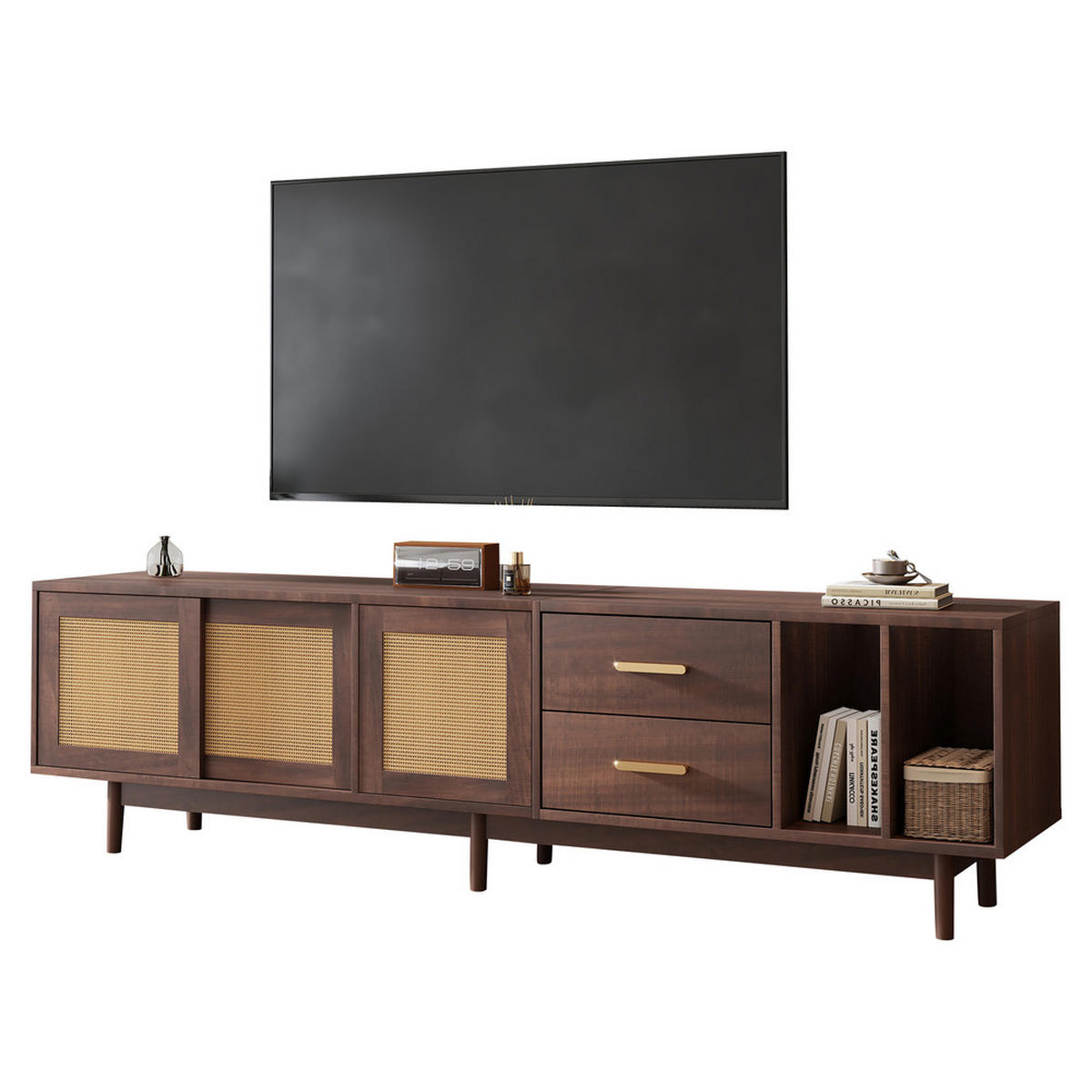 TV-SCHRANK 190x40cm Lowboard braun Rattan 6 Stützbeine bis 75 Zoll - Braun, Holz (48.5/13.5/122.2cm) - FLIEKS