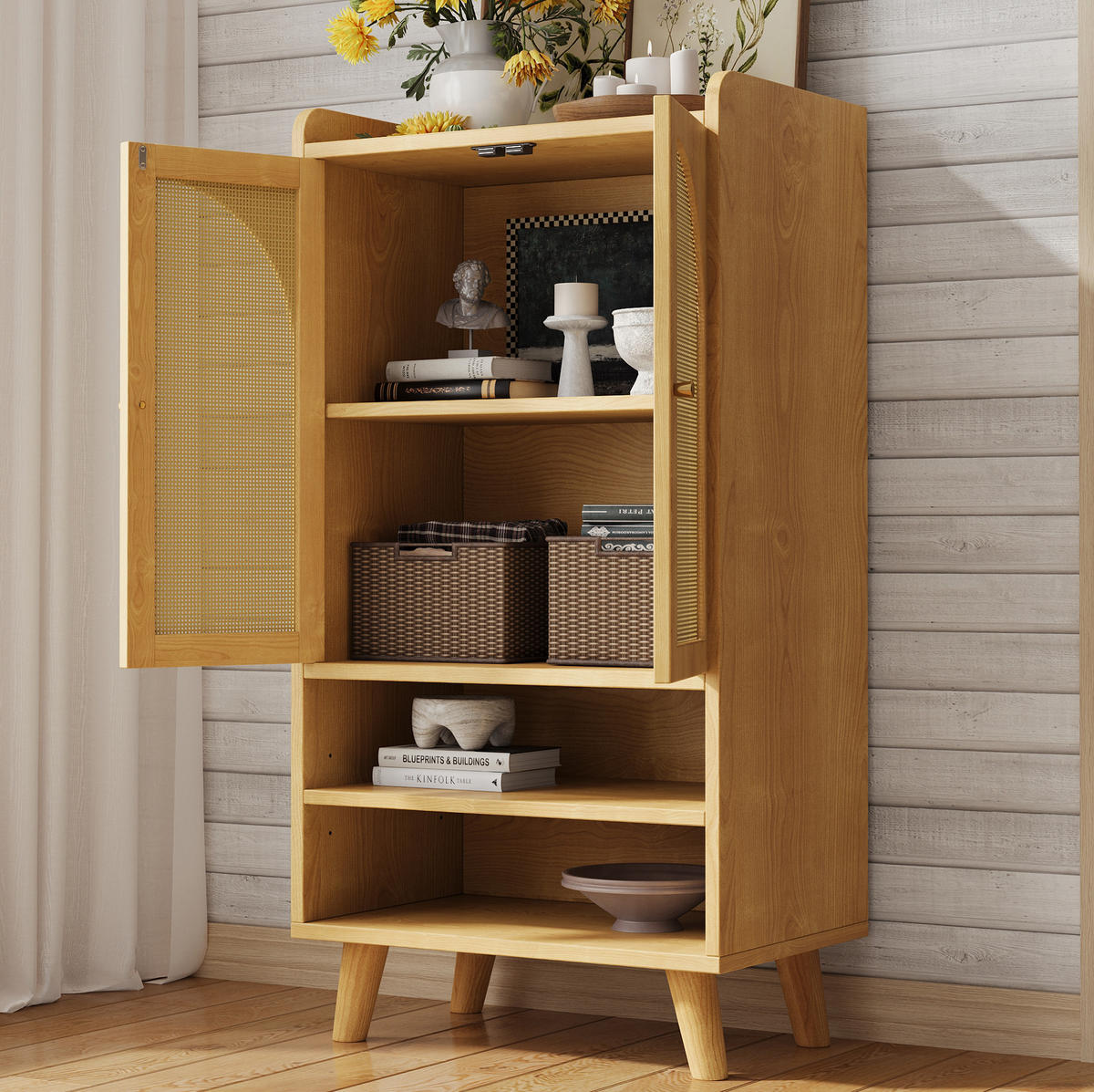 HIGHBOARD 60/40/121 cm mit Rattantüren, offenen Fächern und Kippsicherung, Natur - Naturfarben, Holzwerkstoff (60/121/40cm) - Redom