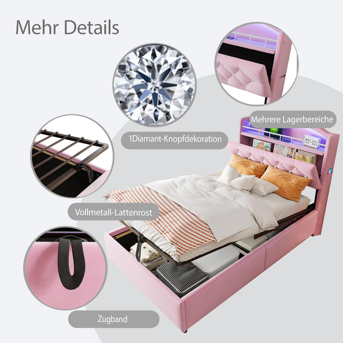 KINDERBETT 90/200 cm in Rosa Samt mit Stauraum, LED und USB - Rosa, Holzwerkstoff/Textil (90/200cm) - WISHDOR