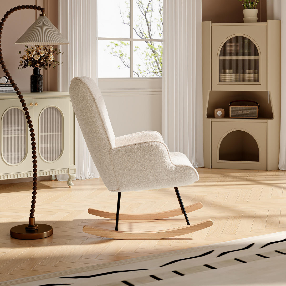SCHAUKELSTUHL mit Metallgestell und Holzsockel, Teddystoff, Beige - Beige, Holzwerkstoff (68/92/75cm) - BursDany