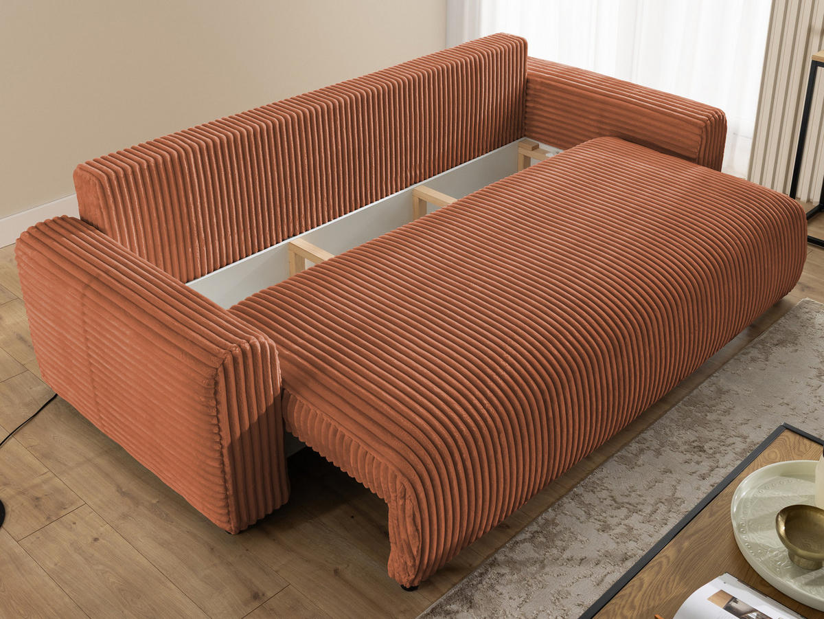 SCHLAFSOFA Calma mit Bettkasten im Bumpy-Design aus weichem Terrakotta Plüschcord - Terracotta/Schwarz, Holz/Kunststoff (239/88/98cm) - S-Style