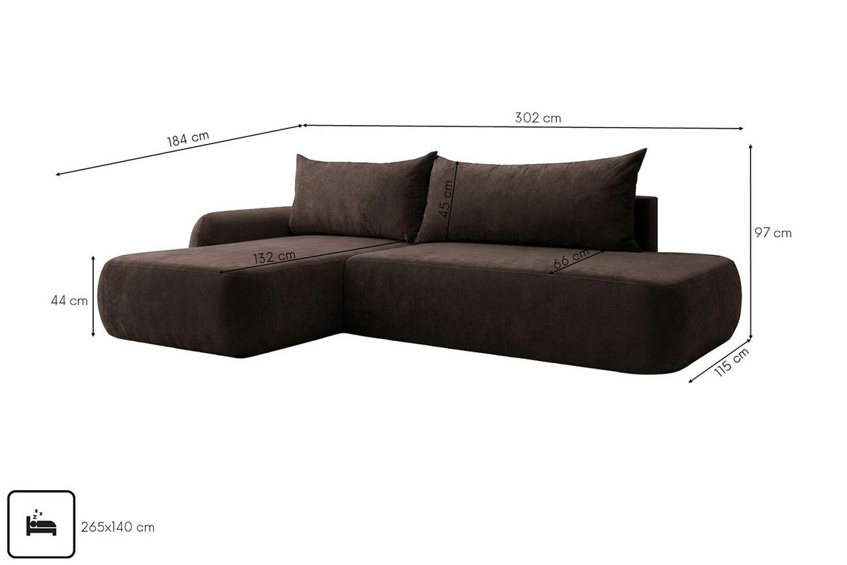 ECKSOFA Mit Schlaffunktion Und Bettkasten, Velvet-Stoff Vena, Braun, Links, HELA I - Braun, Holz (302/184cm) - Kaiser Möbel