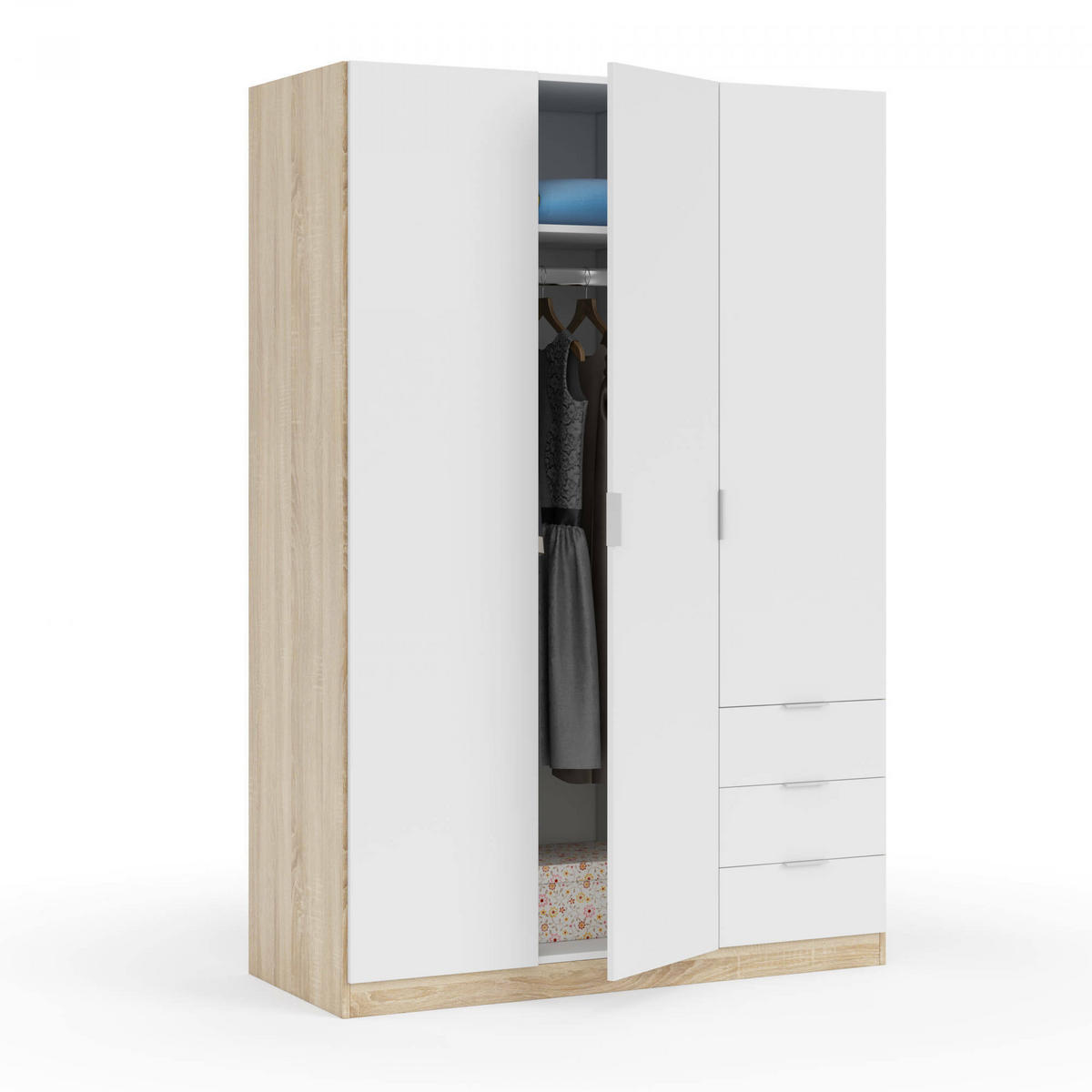 KLEIDERSCHRANK 3 TÜREN Weiß, Eiche 52/121/180 cm - Weiß, Holzwerkstoff (121/180/52cm) - DMORA