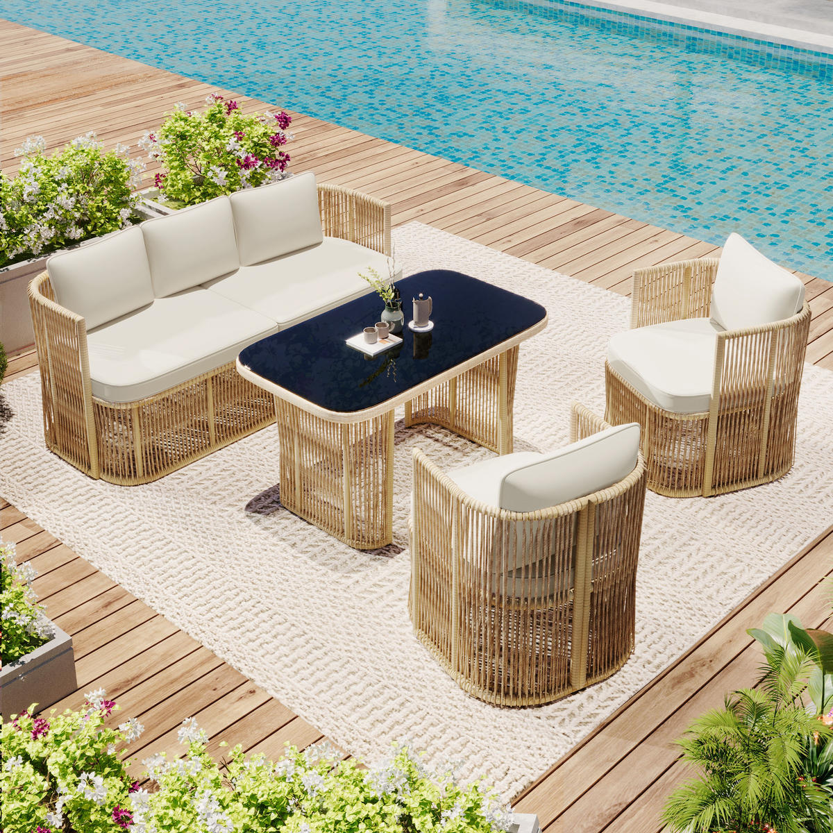 GARTENMÖBELSET 4tlg Rattan Sofa Sessel Glastisch Kissen - Multicolor, Metall - FLIEKS