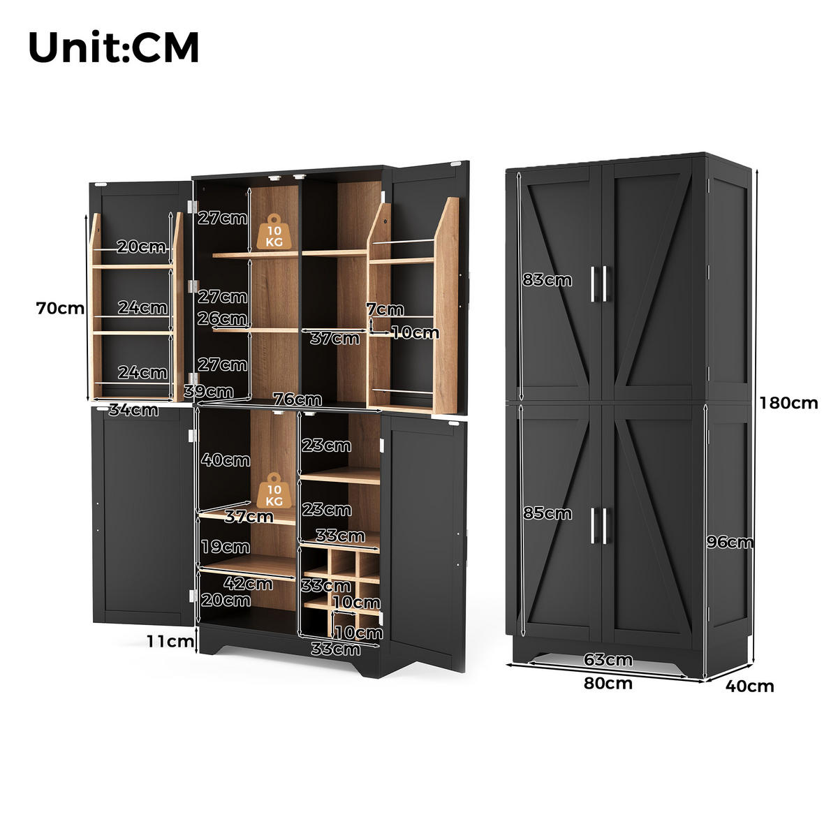 HIGHBOARD DE-38731 80/40/180 cm 4 Scheunentor-Türen und Weinregal Schwarz - Schwarz, Holzwerkstoff (80/180/40cm) - ComfortXL