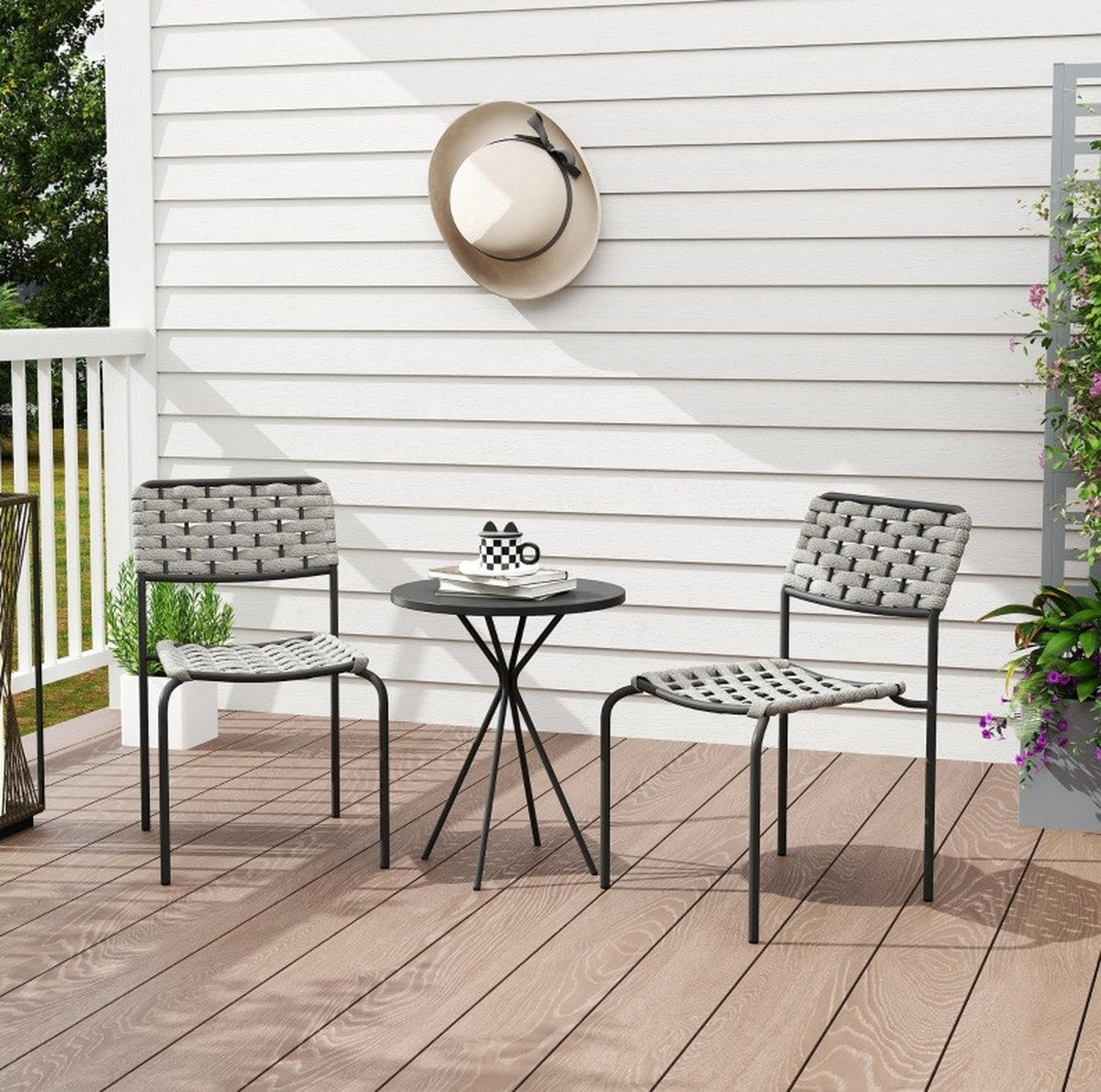 BALKONSET 3-teilig,48×48×60cm,Stapelbare Stühle mit Rattan Tisch - Grau, Metall - Modfu