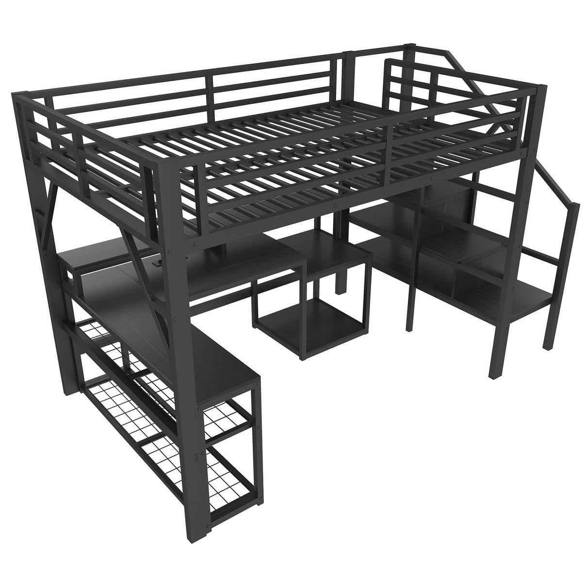 HOCHBETT 140/200 cm in Schwarz – mit Schreibtisch, LED und Stauraumtreppe - Schwarz, Metall (140/200cm) - BEAOK
