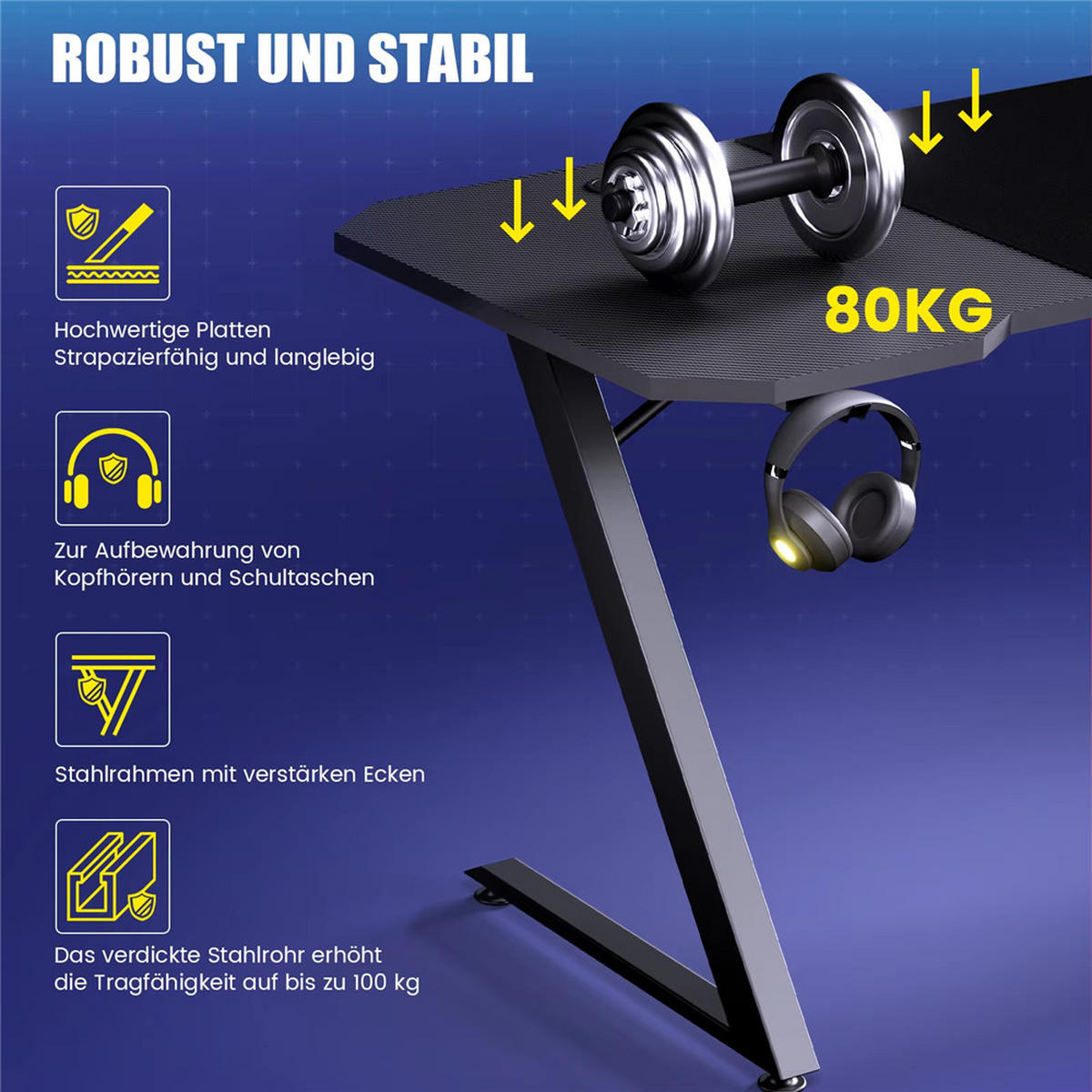 GAMINGTISCH 120/60/74 cm Kohlefaser Oberfläche Schwarz PC Tisch - Schwarz, Metall (60/1210/74cm) - Kaket