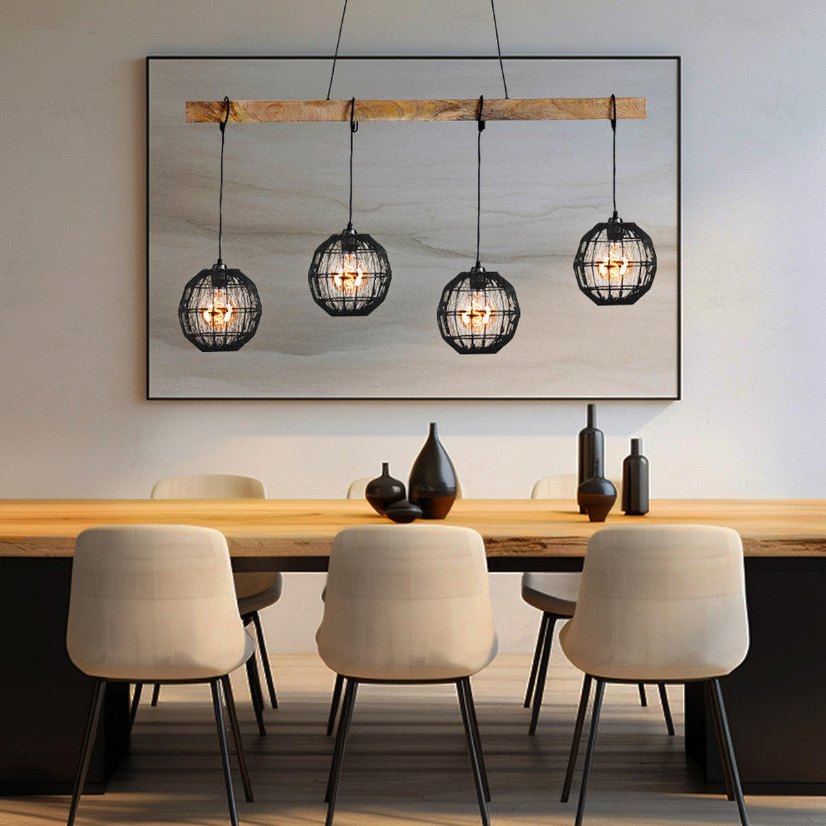 HÄNGELEUCHTE Metall Braun Holz 4-flammig - Braun, Holz (100/20/140cm) - Globo Lighting