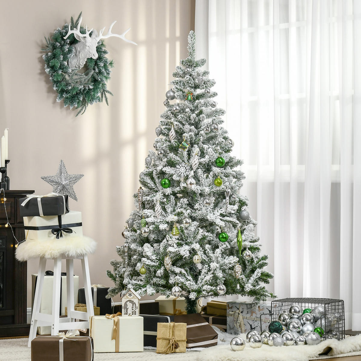 HOMCOM Künstlicher Weihnachtsbaum, 180 cm Christbaum mit Kunstschnee, Indoor - Grün, Holzwerkstoff/Metall (180cm) - HOMCOM