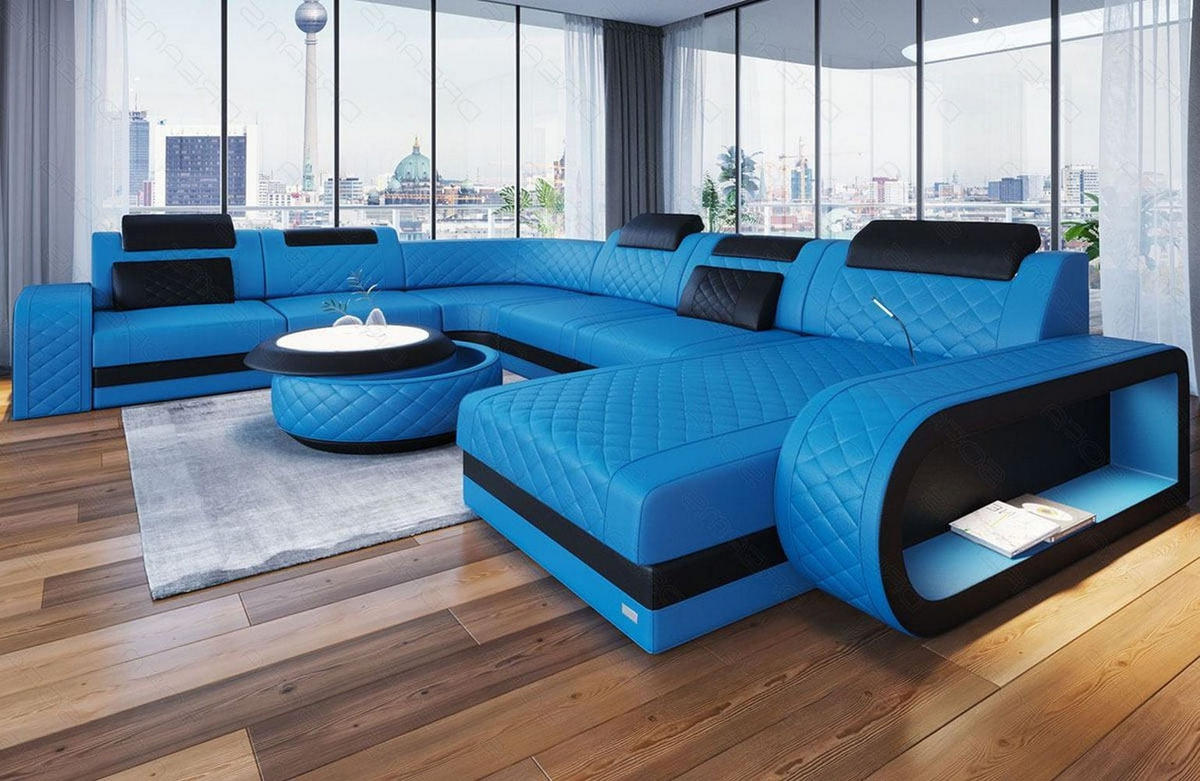 WOHNLANDSCHAFT Berlin U-Form Mini Blau Schwarz Kunstleder - Blau, Textil (264/80/362cm)