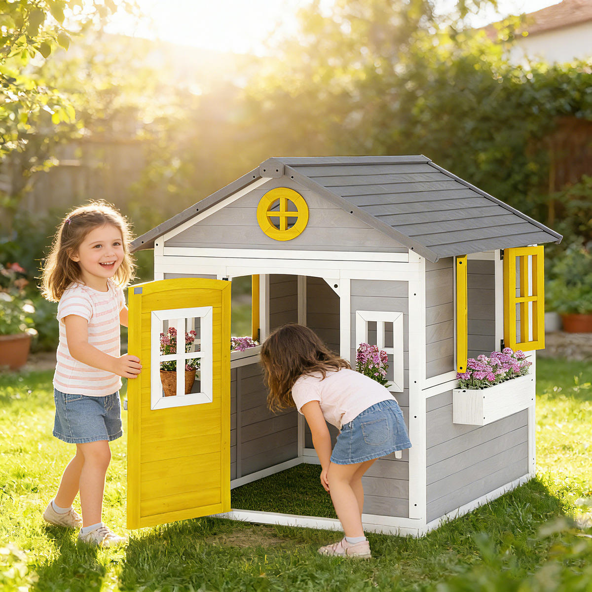 SPIELHAUS Tannenholz Grau - Grau, Holz (112/135/126cm) - Outsunny