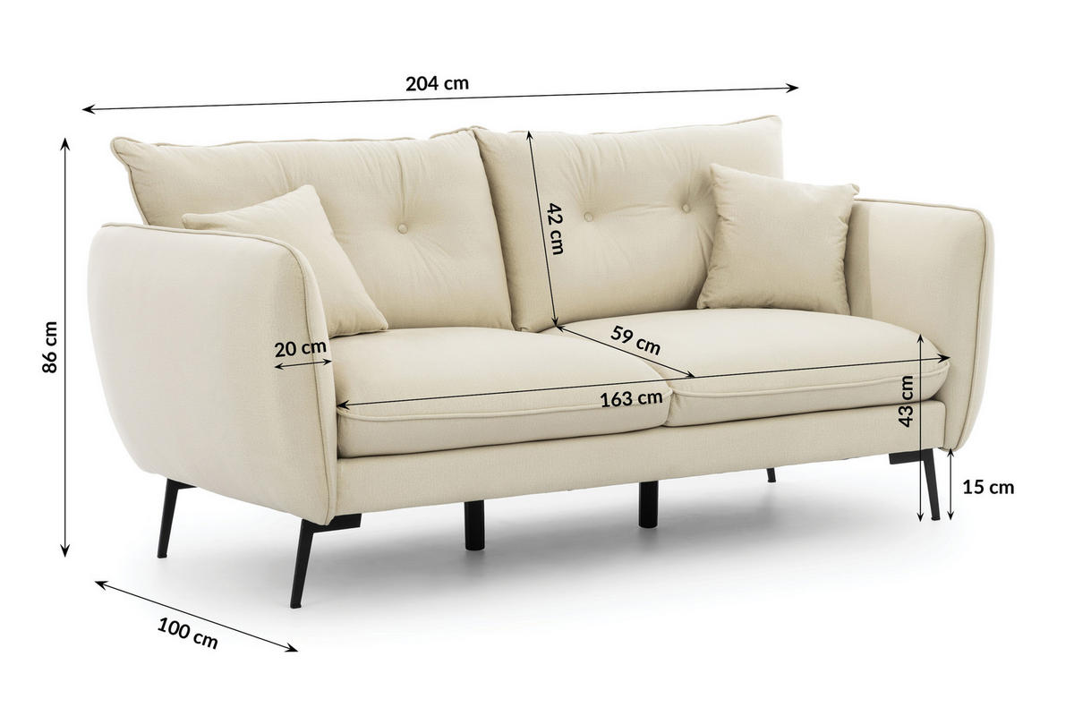 SITZGARNITUR 3+2+1 Nordloft Beige Samt - Beige/Schwarz, Holz/Textil (204/86/100cm) - S-Style Möbel