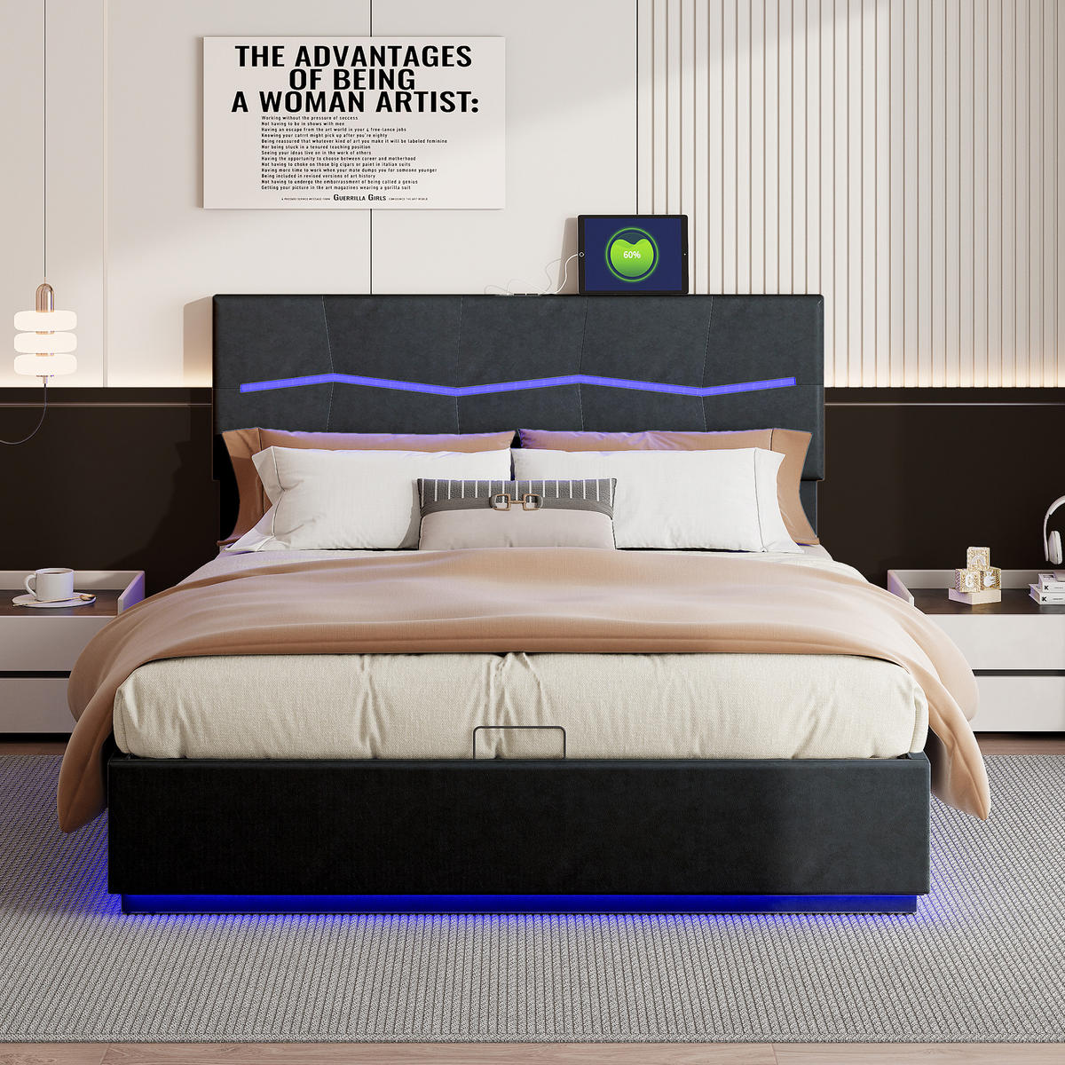 POLSTERBETT 180x200 cm, Schwarz, mit LED & USB-Typ-C-Ladeanschluss - Schwarz, Textil/Metall (180/200cm)