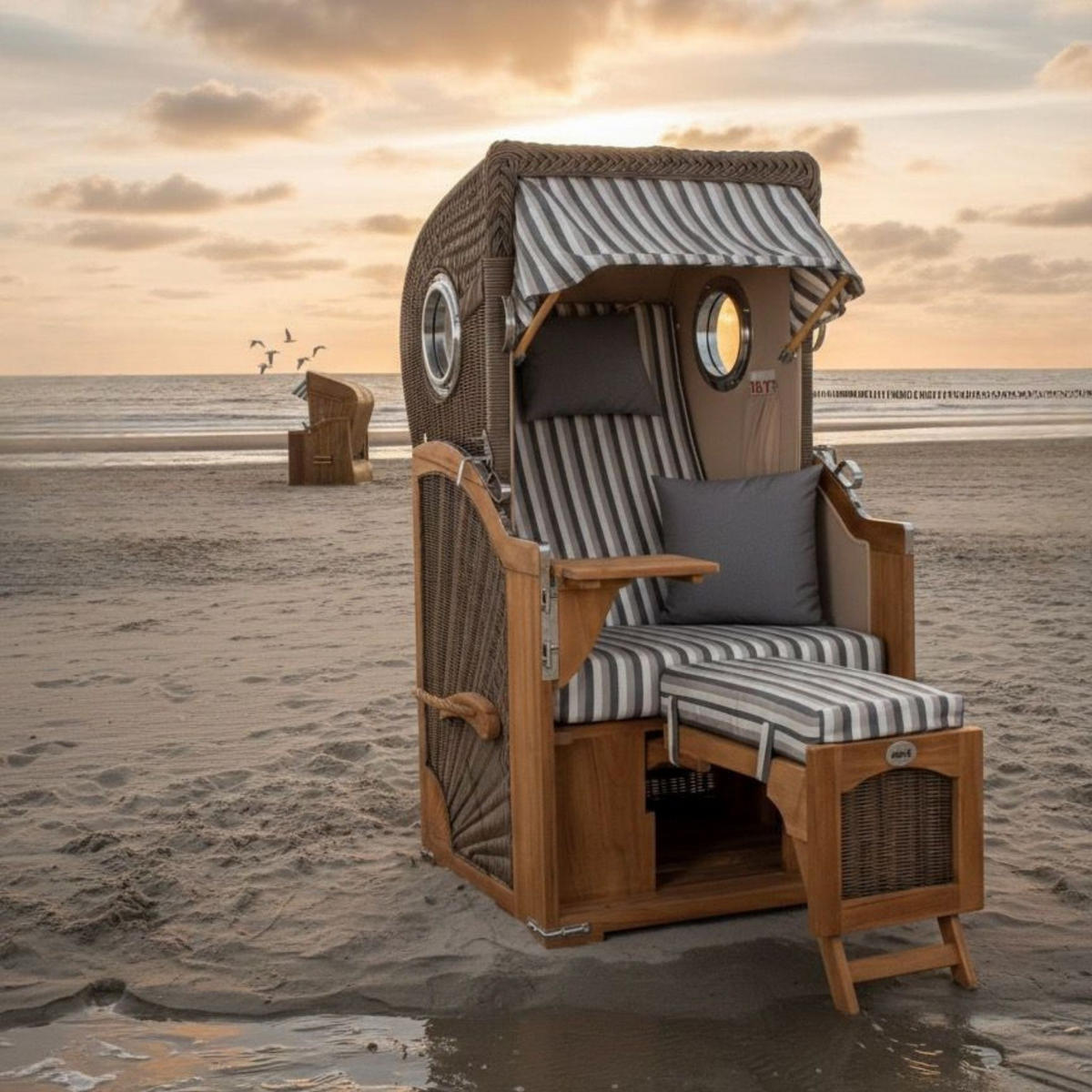 STRANDKORB Düne Single Teak 1-Sitzer - Braun/Grau, Holz/Textil (96/165/80cm) - Mr. Deko