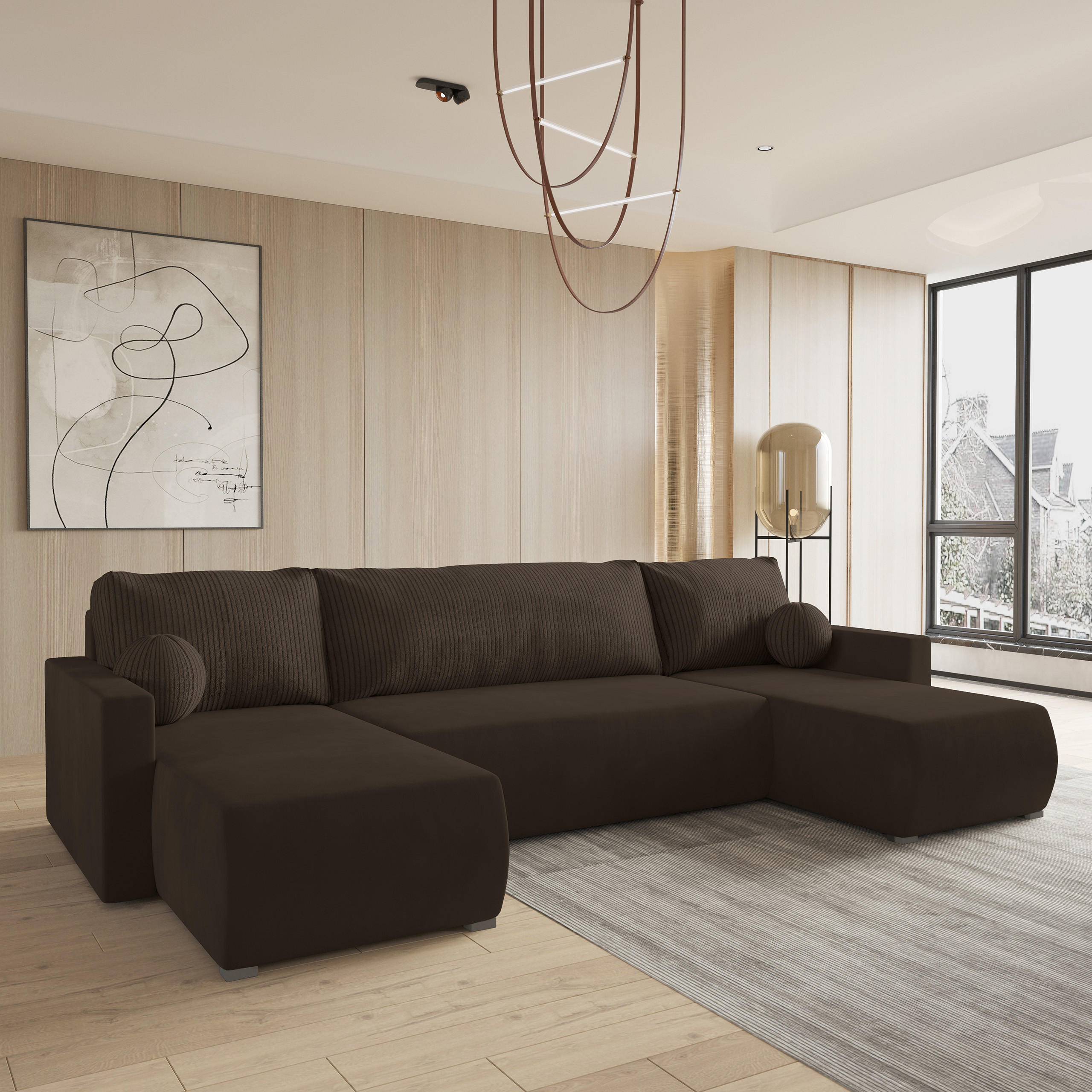 WOHNLANDSCHAFT TESSUN Braun Plüsch-Stoff mit Schlaffunktion - Braun, Holz (286/85/143cm) - MASSENO