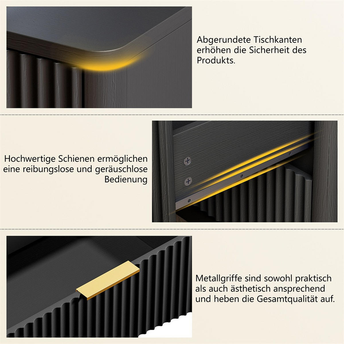 NACHTTISCH 58x38x64 cm mit 3 Schubladen - goldene Metallgriffe & geräuscharme Führung - Rillendesign - Schwarz - Schwarz, Holzwerkstoff (38/64/58cm) - DELFA