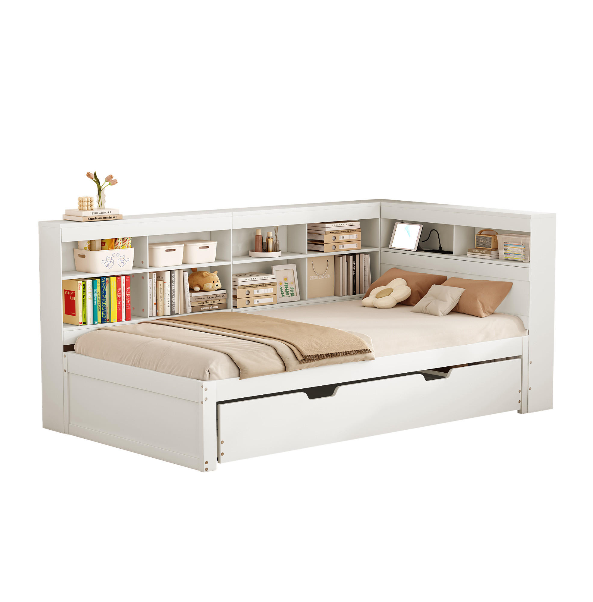 FUNKTIONSBETT 90/200 cm mit Ausziehbett 90/190 cm, USB-Anschluss und Stauraum, Massivholz, Weiß - Weiß, Holz (90/200cm) - Redom